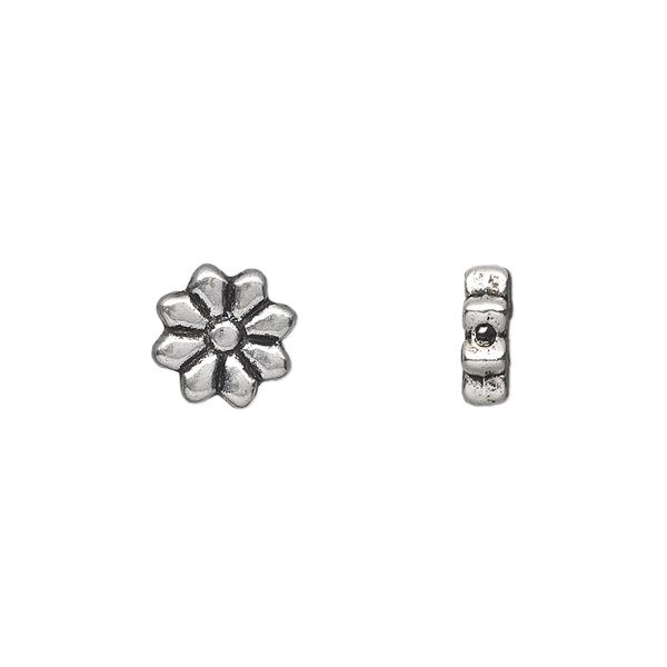 Bead, antique silver-plated "pewter" (zinc-based alloy), 9x9mm double-sided flat flower. Sold per pkg of 50. image number 0
