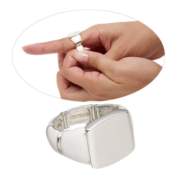 Ring, stretch, enamel and silver-finished "pewter" (zinc-based alloy), white, 15.5mm wide with 16x5.5mm rectangle setting, size 8-1/2. Sold individually. image number 0