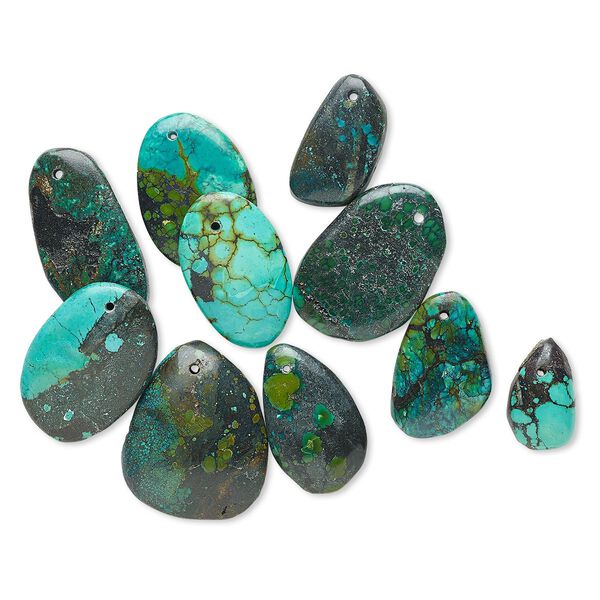 Focal and drop mix, turquoise (dyed / stabilized), blue, 18x14mm-38x32mm freeform, Mohs hardness 5 to 6. Sold per pkg of 10. image number 0