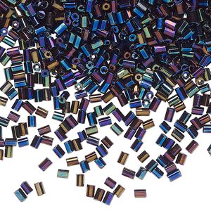 Bugle bead glass 1pk #2 round tube, 50 gram opaque blue iris black