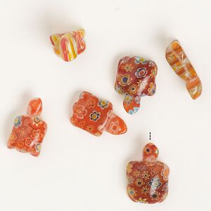 Bead, millefiori glass, translucent red-orange and multicolored, 18x11mm-23x14mm half-drilled turtle. Sold per pkg of 6.