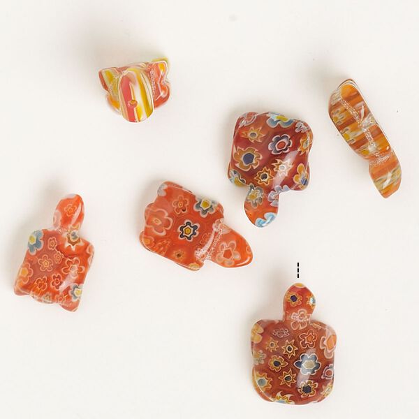 Bead, millefiori glass, translucent red-orange and multicolored, 18x11mm-23x14mm half-drilled turtle. Sold per pkg of 6. image number 0
