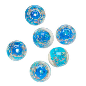 Bead, lampworked glass, clear / blue / glow-in-the-dark / gold, 12mm round. Sold per pkg of 6.
