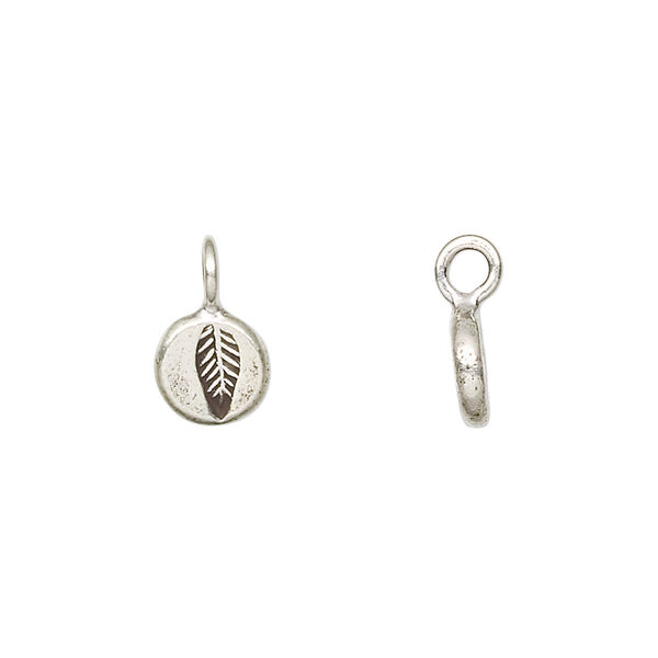 Drop, Hill Tribes, antiqued sterling silver, 8mm round with leaf. Sold individually. image number 0