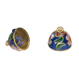 Bell, cloisonn&eacute; 1pkg2, gold-finished brass and enamel, dark blue and multicolored, 12x10mm bell with flower and bead clapper.