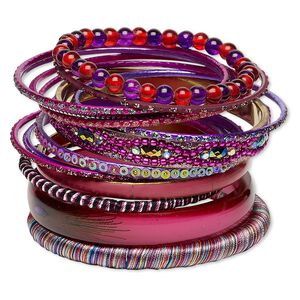 Bracelet, bangle, enamel / glass / resin / polyester / plastic sequin / gold-finished steel / aluminum / brass, assorted colors with glitter, 2.5-12mm wide, 8 inches. Sold per 14-piece set.