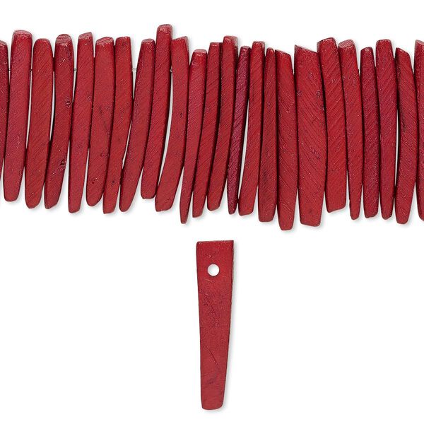 Bead, coconut palm wood (dyed / waxed), dark red, 25x4mm hand-cut top-drilled stick. Sold per 15-1/2" to 16" strand. image number 0