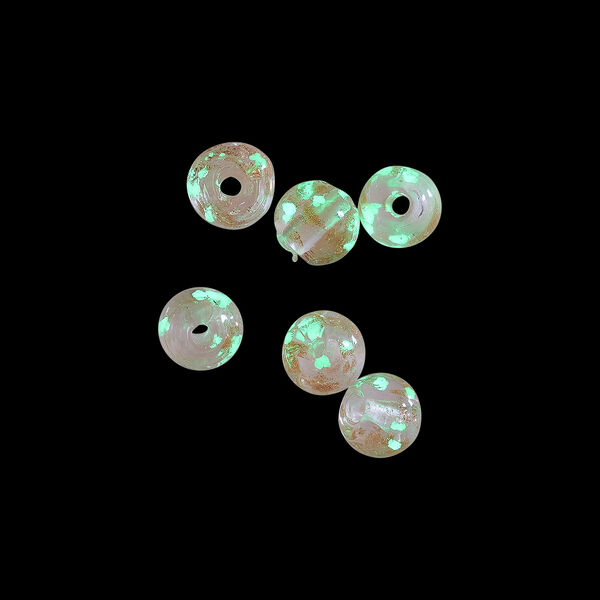 Bead, lampworked glass, clear / pink / glow-in-the-dark / gold, 6mm round. Sold per pkg of 6. image number 1