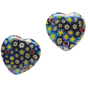 Bead, millefiori glass, translucent multicolored, 18-20mm half-drilled puffed heart with flower design. Sold per pkg of 2.