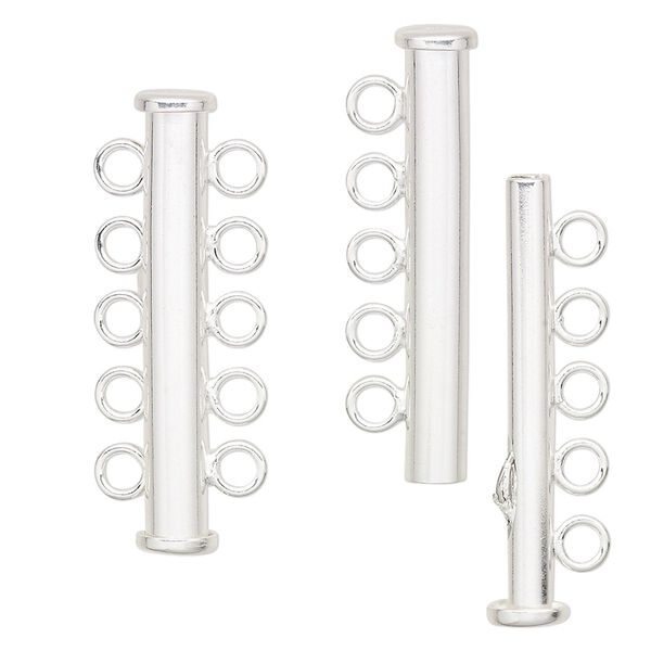 Clasp, 5-strand slide lock, sterling silver, 31x6mm tube. Sold individually. image number 0