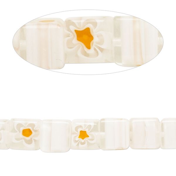 Bead, millefiori glass, translucent clear / white / orange, 7-9mm cube with flower and stripe design. Sold per 14-inch strand. image number 0
