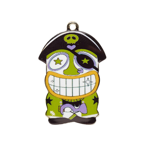Focal, resin and gold-finished "pewter" (zinc-based alloy), black / green / multicolored, 31x22mm single-sided pirate. Sold individually. image number 0