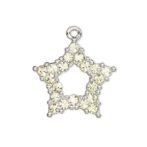 Charm, Czech glass rhinestone and imitation rhodium-plated pewter (tin-based alloy), light green, 25x24mm single-sided open star. Sold individually.