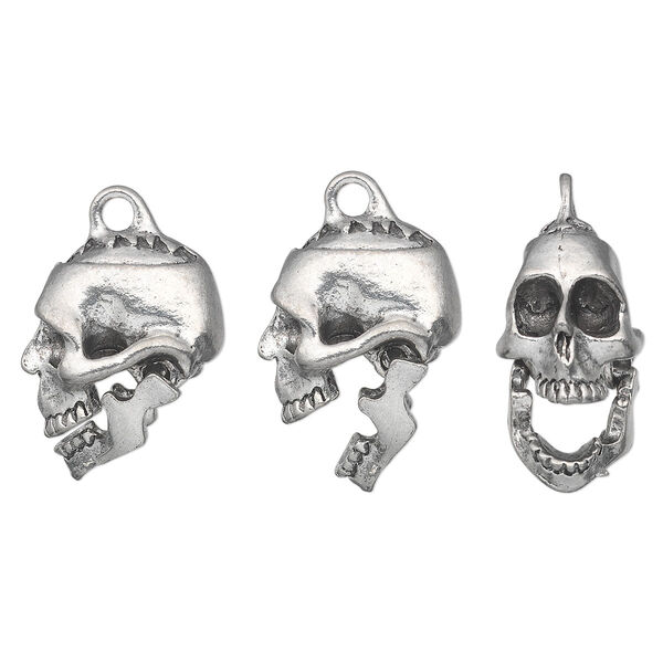 Charm, pewter (tin-based alloy), pkg/1, antiqued, 20x17mm hinged jaw skull. image number 0