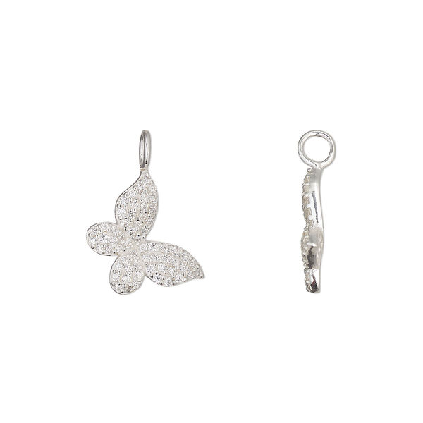 Charm 1pkg1 sterling silver / cubic zirconia 13x10mm butterfly perpendicular loop, clear image number 0
