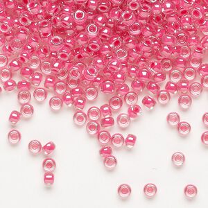 Seed bead, Miyuki, glass, pkg/250g, #8 rocaille, translucent carnation pink-lined luster crystal clear (RR-208).