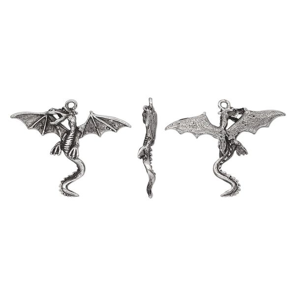 Charm, pewter (tin-based alloy), pkg/1, antiqued, 42x31mm dragon with spread wings. image number 0