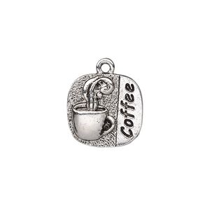 Drop, antique silver-plated pewter (tin-based alloy), 17x17mm single-sided rounded square with "Coffee" and mug design. Sold individually.