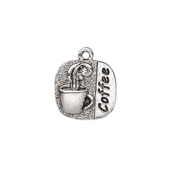 Drop, antique silver-plated pewter (tin-based alloy), 17x17mm single-sided rounded square with "Coffee" and mug design. Sold individually. image number 0