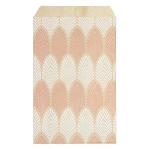 Bag, paper, brown, white and pink, 6x4 inch rectangle with leaf-print and scalloped top edge. Sold per pkg of 100.