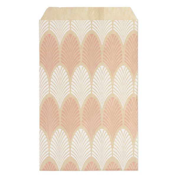 Bag, paper, brown, white and pink, 6x4 inch rectangle with leaf-print and scalloped top edge. Sold per pkg of 100. image number 0
