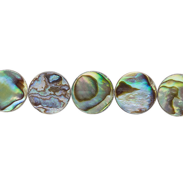 Bead, paua shell (assembled), 10mm flat round. Sold per 15-1/2" to 16" strand. image number 0