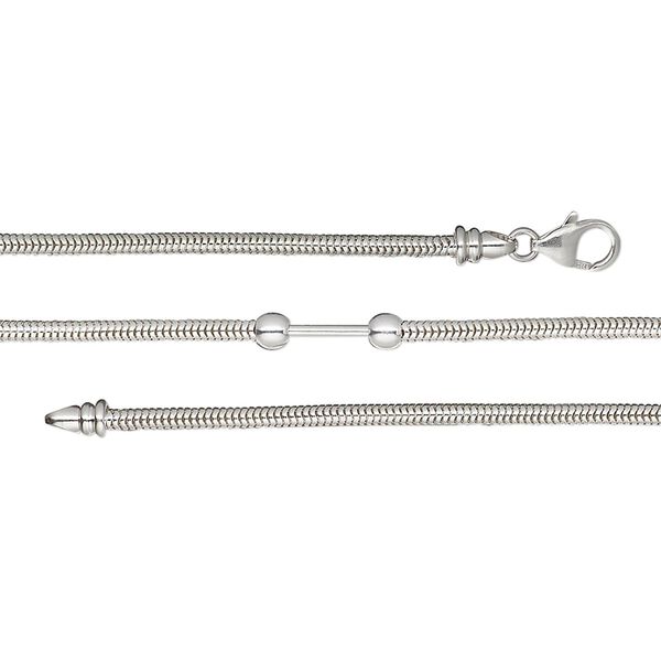 Chain, sterling silver, 3mm snake, 8 inches with lobster claw clasp, (2) twist off ball end and end caps with 10x1.6mm bar. Sold individually. image number 0