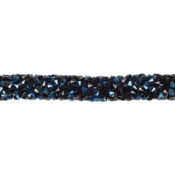 Tube, PVC plastic and glass rhinestone, opaque black iris blue, 6-7mm wide. Sold per 8-inch section. image number 0