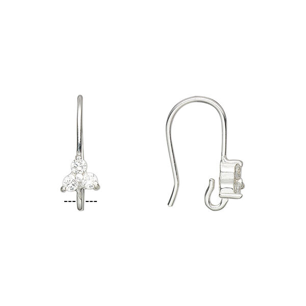 Ear wire, cubic zirconia and sterling silver, clear, 16mm fishhook with 5.5x5mm faceted triangle and open loop, 21 gauge. Sold per pair. image number 0