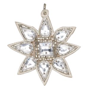 Focal, velveteen / glass / steel, clear, white and silver, 47x44mm single-sided star. Sold individually.