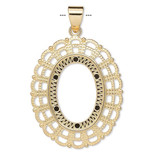 Pendant, gold-plated "pewter" (zinc-based alloy), 38x32mm fancy oval with 25x18mm oval setting. Sold per pkg of 4. image number 0
