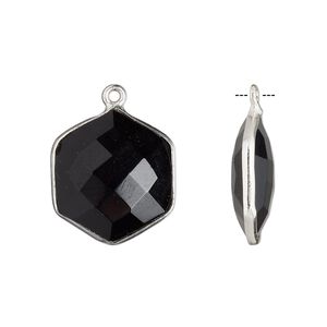 Drop, black onyx (dyed) and sterling silver, black, 18x17mm-20x18mm hand-cut double-sided faceted hexagon. Sold individually.