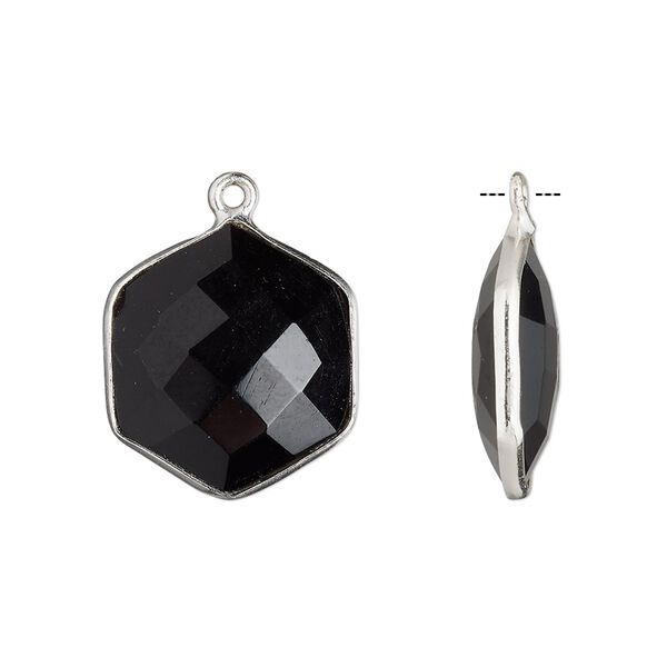 Drop, black onyx (dyed) and sterling silver, black, 18x17mm-20x18mm hand-cut double-sided faceted hexagon. Sold individually. image number 0