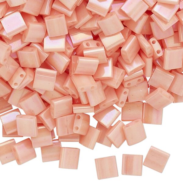 Seed bead, TILA&reg;, glass, pkg/10g, 5mm full tila square, opaque luster rainbow light peach, (TL-596). image number 0