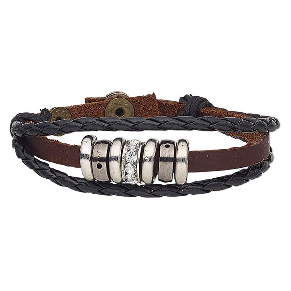 Bracelet, leather (dyed) / glass rhinestone / polyurethane / silver-coated acrylic / antique brass-plated steel / gunmetal- / silver-plated "pewter" (zinc-based alloy), black / brown / clear, 21mm wide, adjustable at 6 and 7 inches with snap closure. Sold individually. image number 0