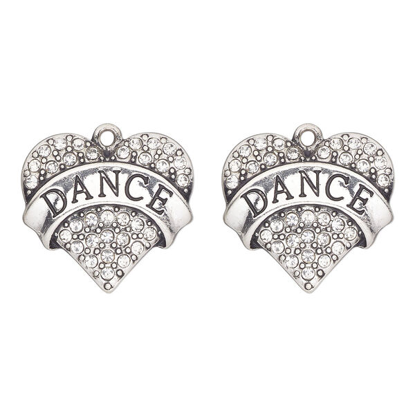 Charm, antique silver-finished "pewter" (zinc-based alloy) and glass, clear, 24x22mm single-sided heart with "dance". Sold per pkg of 2. image number 0