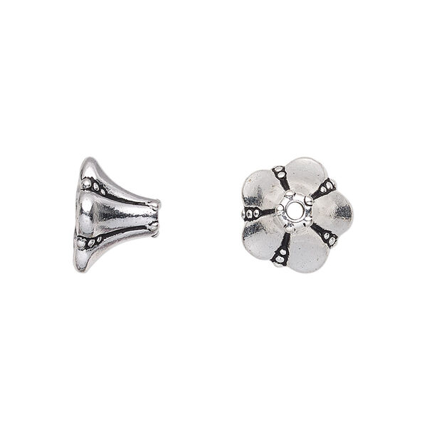 Cone, TierraCast®, antique silver-plated pewter (tin-based alloy), 12x8.5mm bellflower, 8x7mm inside diameter. Sold per pkg of 2. image number 0