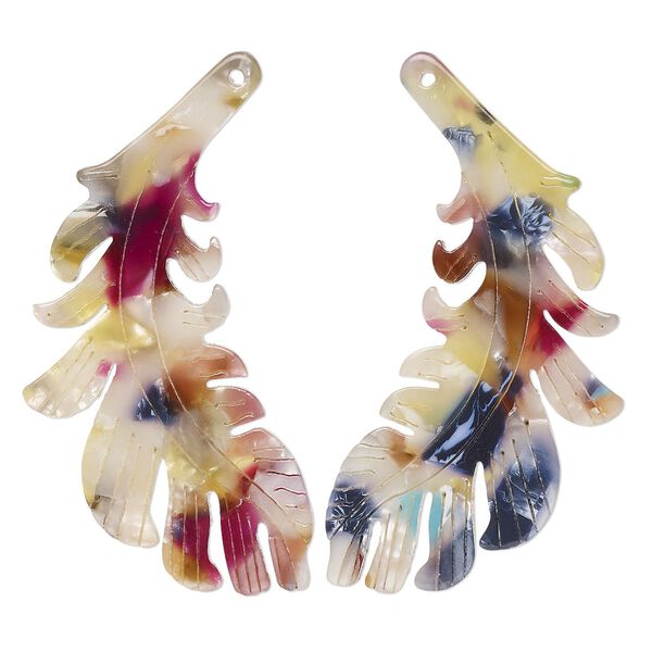 Focal, resin, multicolored, 46x25mm single-sided left and right-facing carved feather. Sold per pair. image number 0