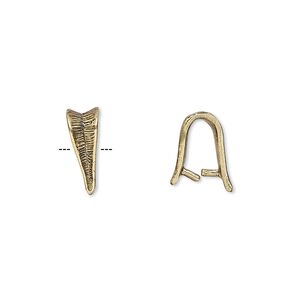 Bail, ice-pick, antiqued brass, 13x4mm textured triangle, 7mm grip length. Sold individually.
