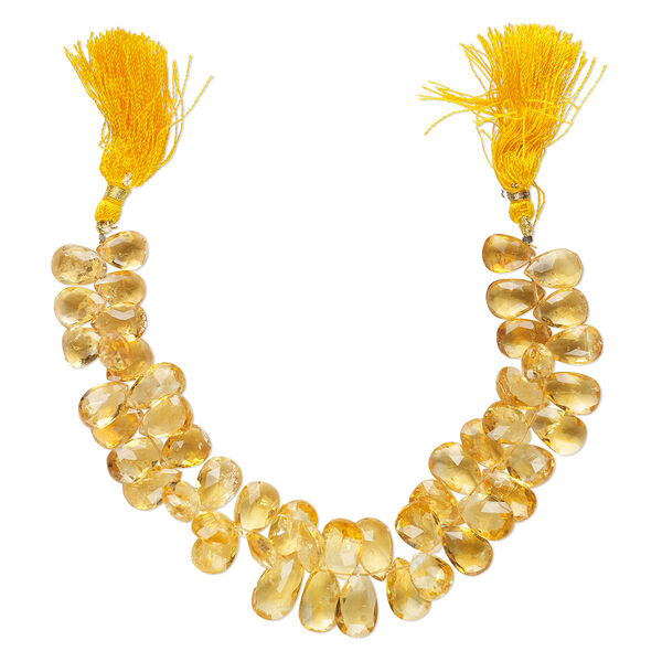 Bead, citrine (heated), light to medium, 12x9mm-17x11mm graduated hand-cut top-drilled faceted puffed teardrop, B+ grade, Mohs hardness 7. Sold per 8-inch strand, approximately 45 beads. image number 0