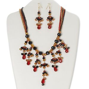 Necklace and earring set, 6-strand, glass with gold-finished brass and steel, red / black / honey AB, 20 inches with hook-and-eye clasp, 3-inch earrings with fishhook ear wire. Sold per set.