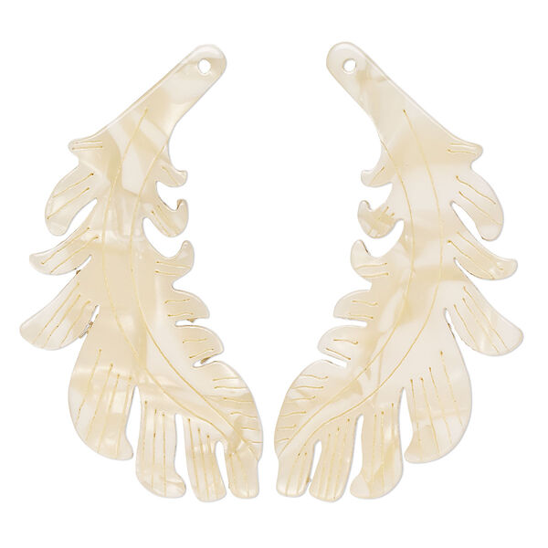 Focal, resin, tan, 46x25mm single-sided left and right-facing carved feather. Sold per pair. image number 0