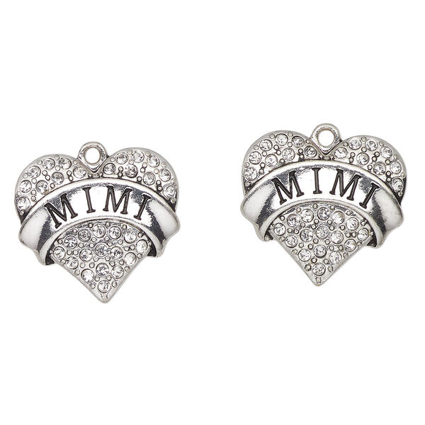 Charm, antique silver-finished enamel "pewter" (zinc-based alloy) and glass, clear and black, 24x23mm heart with "Mimi". Sold per pkg of 2. image number 0