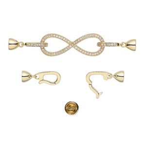 Clasp fold-over 1pkg1 gold-plated, 2.75x0.5 inch infinity / fits 5mm cord, brass / cubic zirconia clear 1-strand