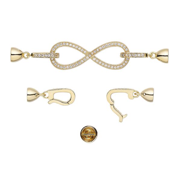 Clasp, double latch fold-over, cubic zirconia and gold-plated brass, clear, 2-3/4 x 1/2 inch infinity with 5mm inside diameter. Sold individually. image number 0