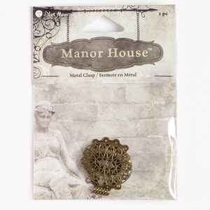 Clasp tab 1pkg1 "pewter" (zinc alloy), 26x20mm filigree oval, antique brass-finished 4-strand