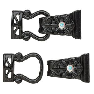 Clasp magnetic fold-over 1pkg2 "pewter" (zinc alloy), 29x13mm, AB / black-finished / clear rhinestone 2-strand