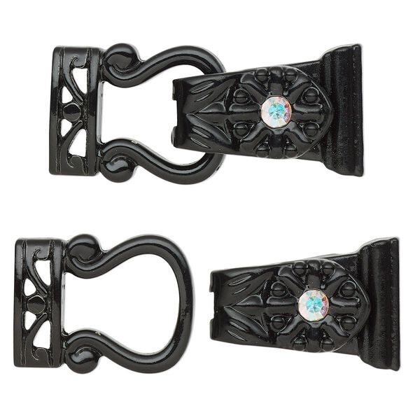 Clasp magnetic fold-over 1pkg2 "pewter" (zinc alloy), 29x13mm, AB / black-finished / clear rhinestone 2-strand image number 0