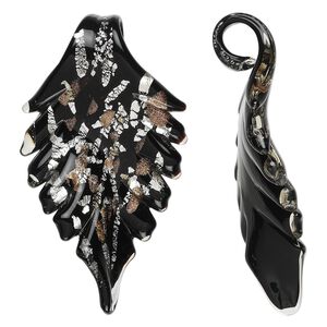 Focal, lampworked glass, black with silver- and copper-color foil, 71x40mm wavy leaf with glass bail. Sold individually.