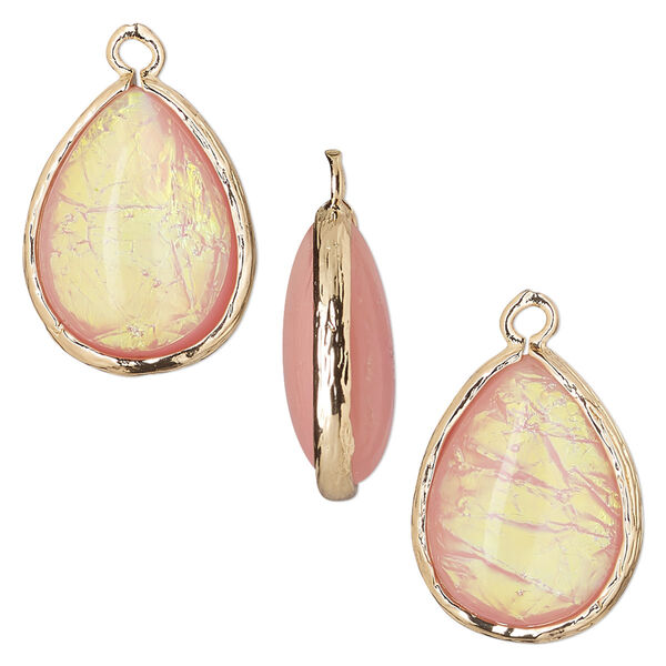 Drop, Opalized Ice™, "opal" (resin) and gold-finished brass, light pink, 19.5x15mm double-sided teardrop. Sold per pkg of 4. image number 0